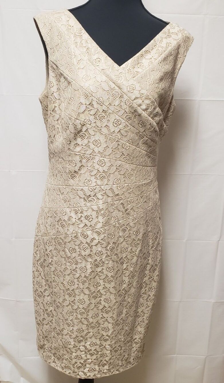 Sangria Tan Lace Fitted Midi Formal Wedding Guest Dress Size 10 NWOT